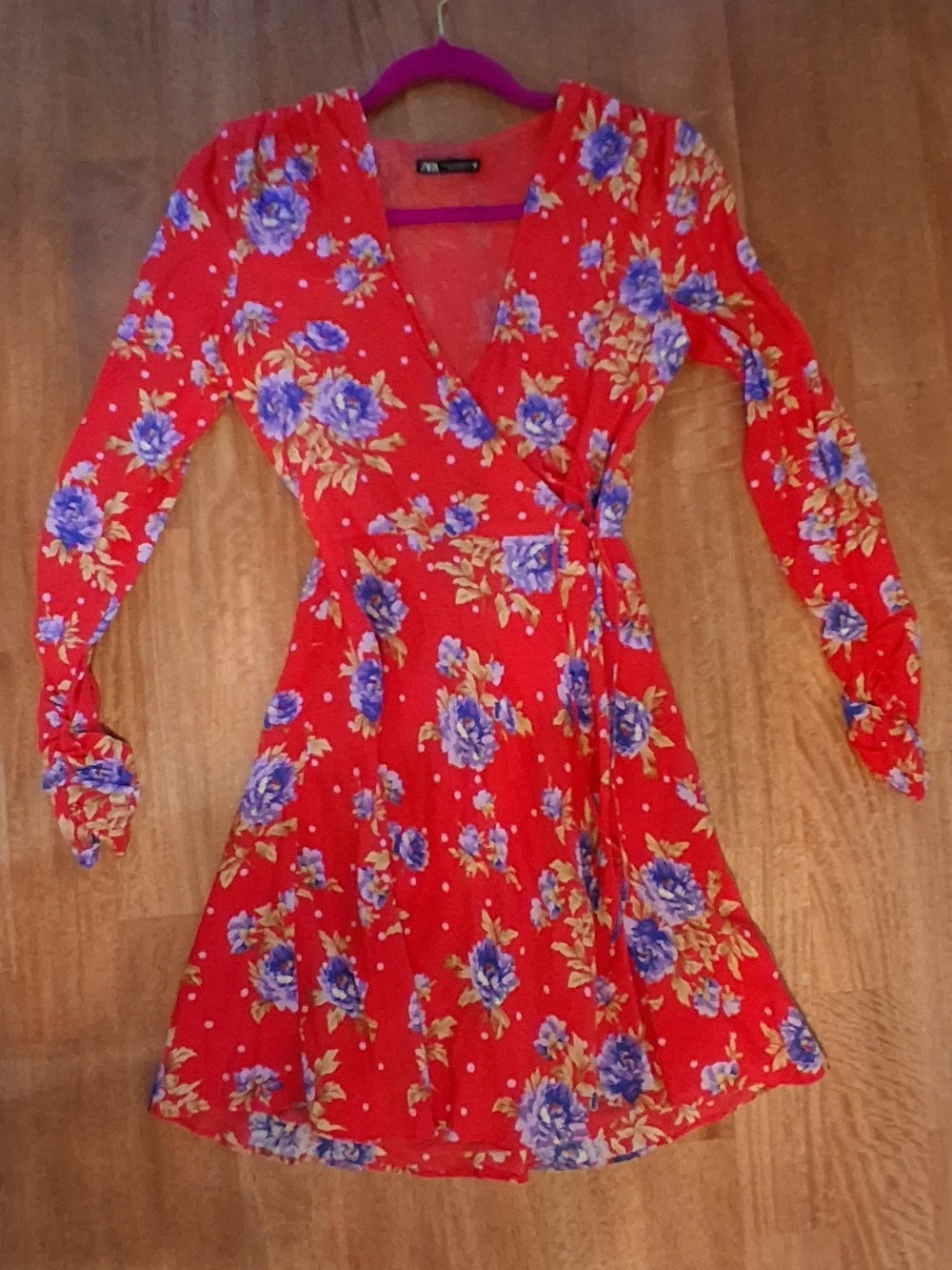 Zara Red Wrap Dress with Blue Floral Print